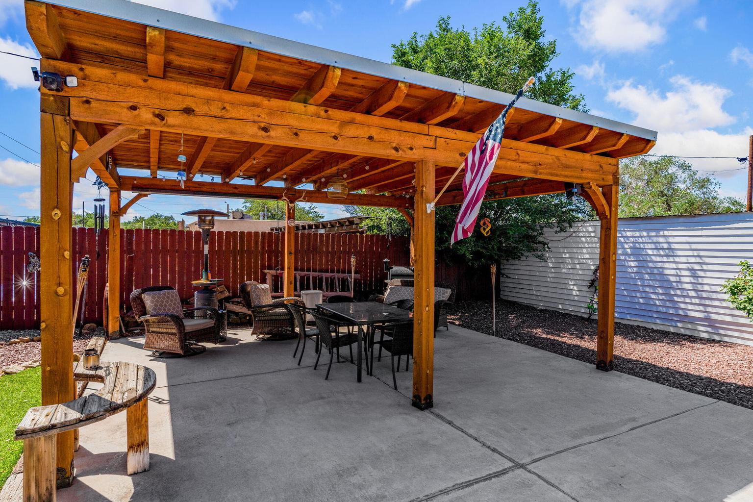 Covered patio at the main home of 4411 Carlton Street NW in Albuquerque&rsquo;s North Valley.