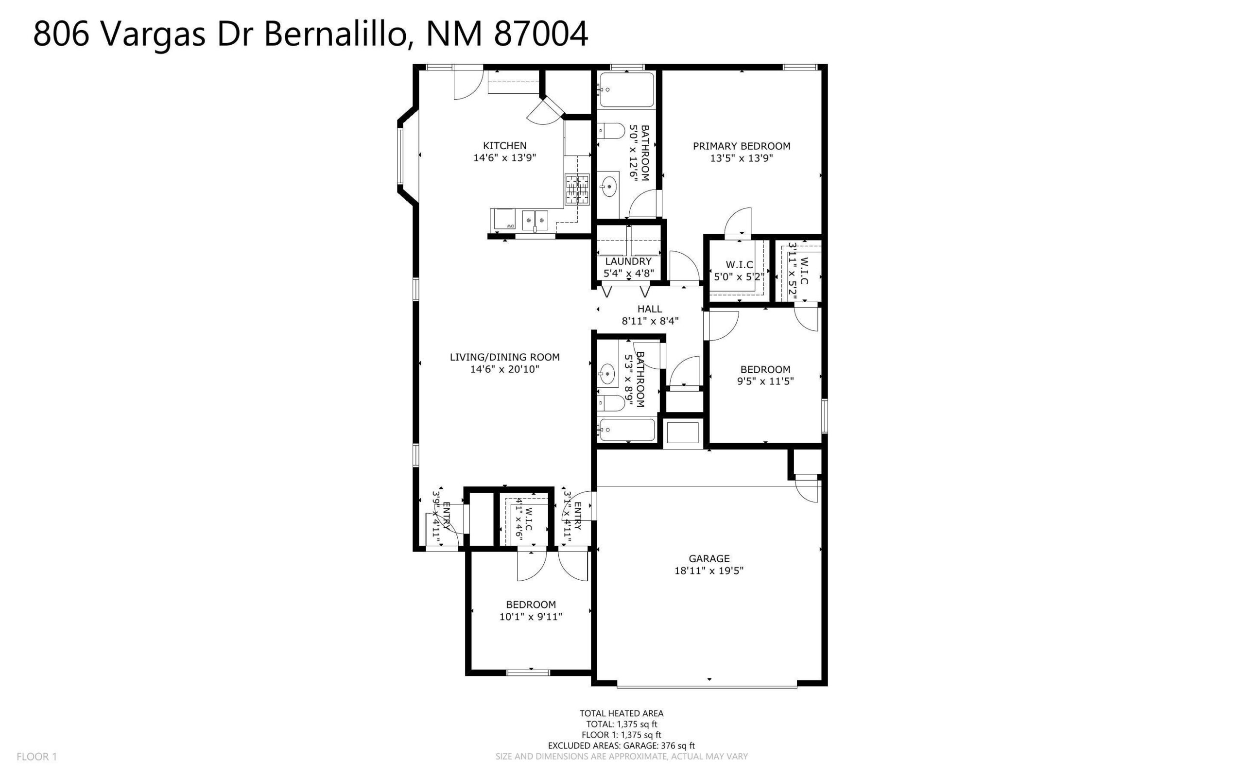 Floor plan of 806 Vargas Drive showing the single-level relationship among the great room, kitchen, dining area, bedrooms, bathrooms, and attached garage.