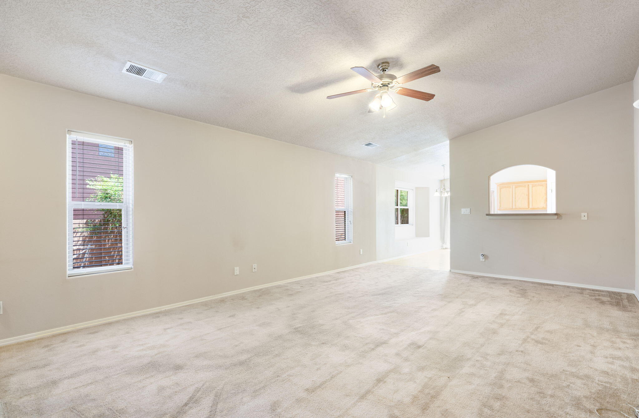 Great room at 806 Vargas Drive with carpet, multiple windows, ceiling fan, and an open connection toward the kitchen and dining area.
