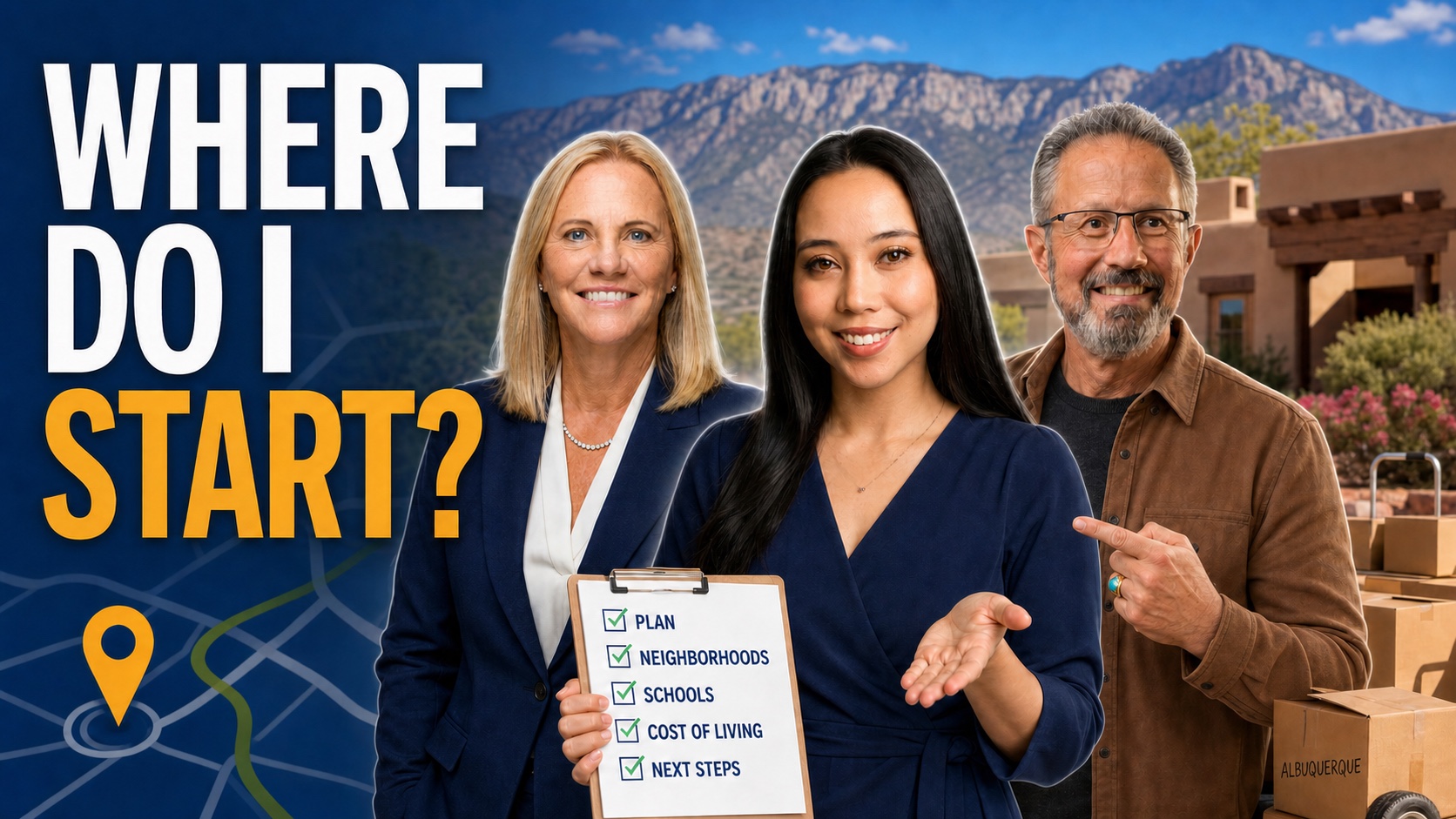 Episode 591 thumbnail asking Where do I start? with three Albuquerque relocation hosts and a moving checklist.