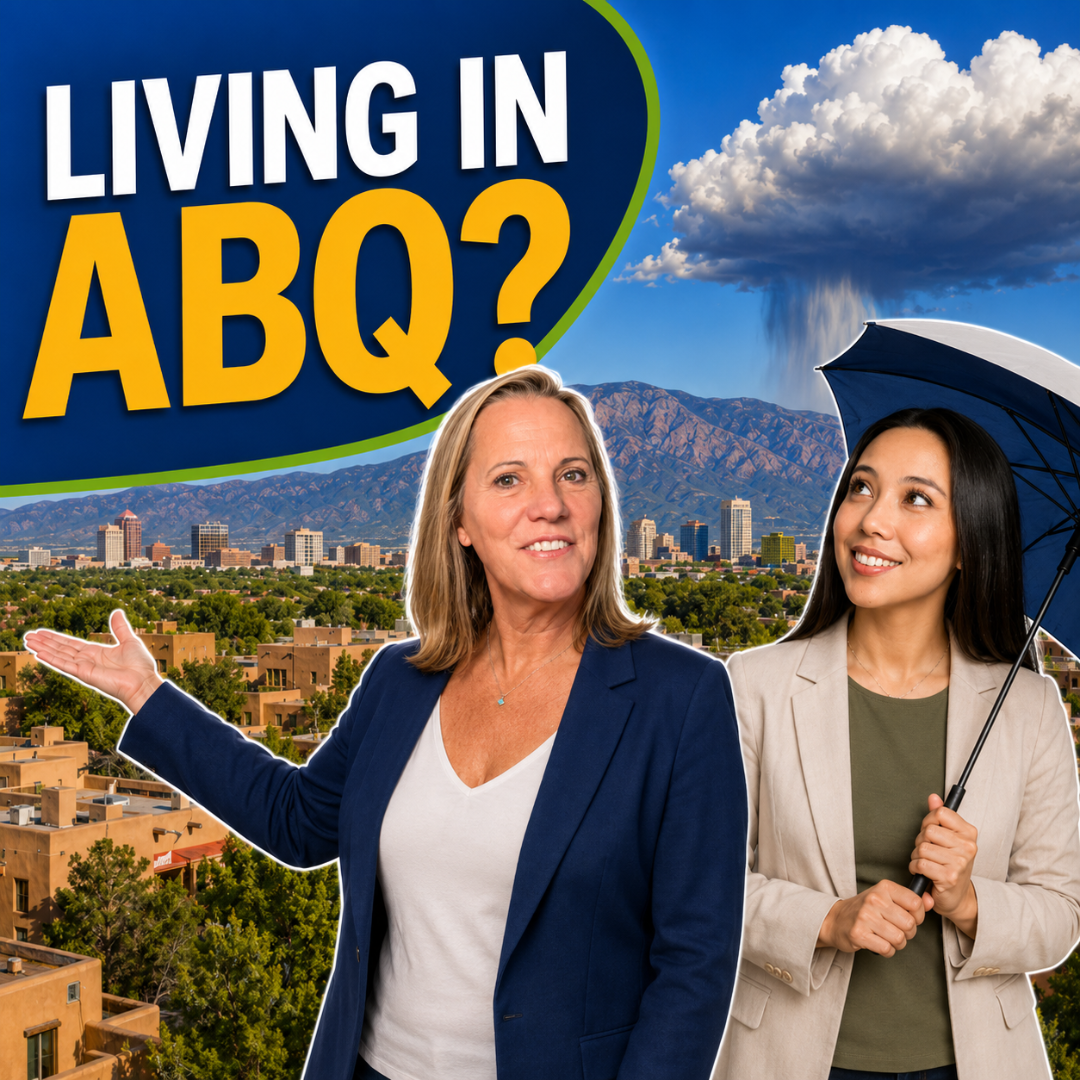 Living in ABQ podcast thumbnail with Tracy Venturi and Asel Venturi in front of the Albuquerque skyline and a monsoon cloud