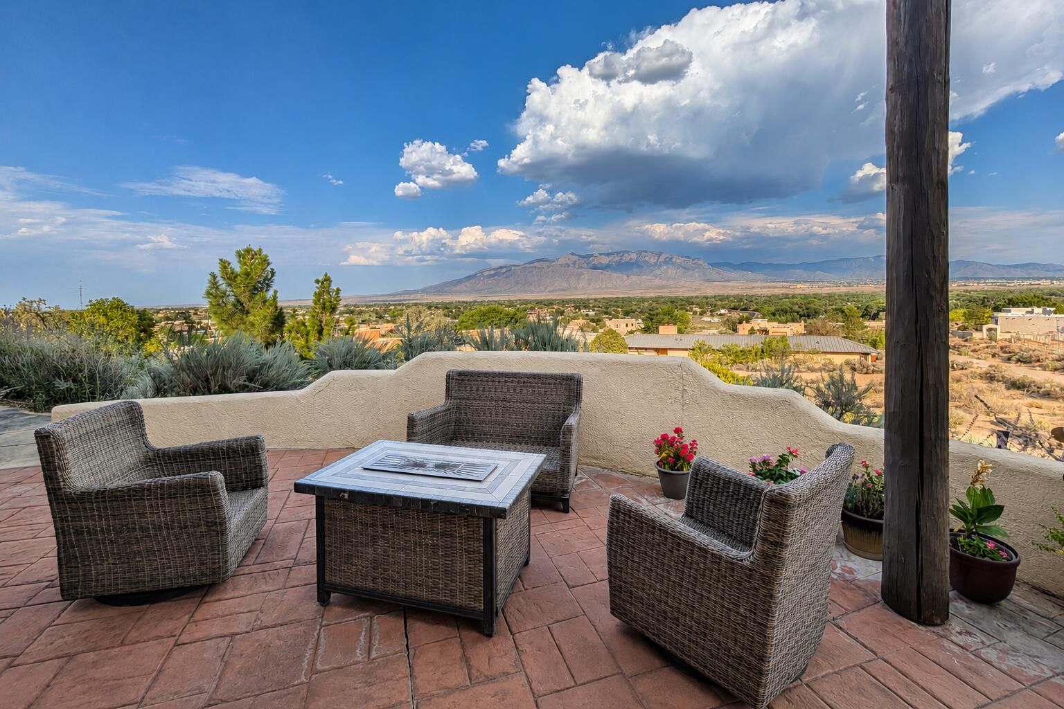 Covered patio overlooking the mountain landscape at 40 Sereno Road in Corrales
