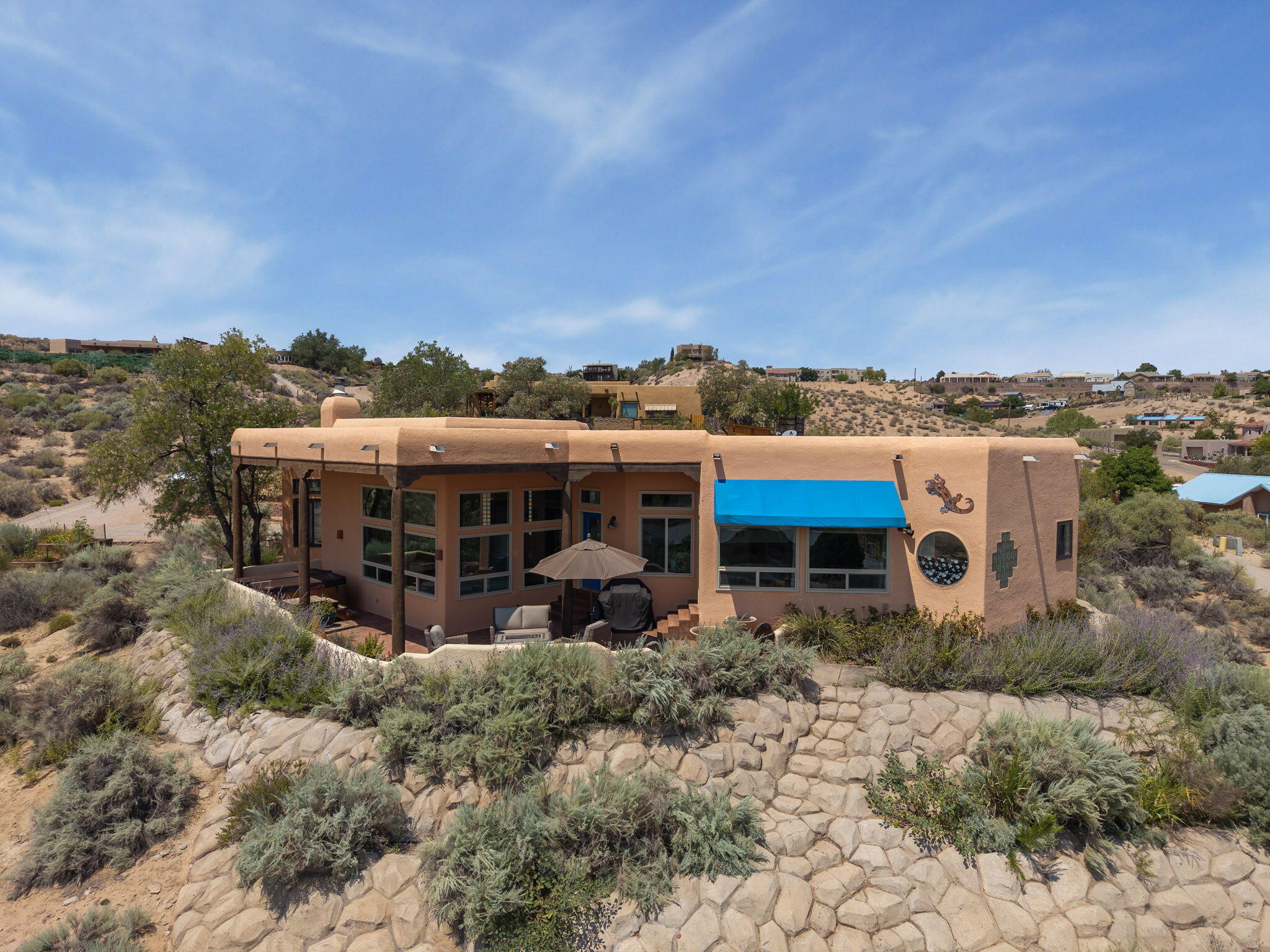 Aerial view of 40 Sereno Road within the Corrales high-desert landscape