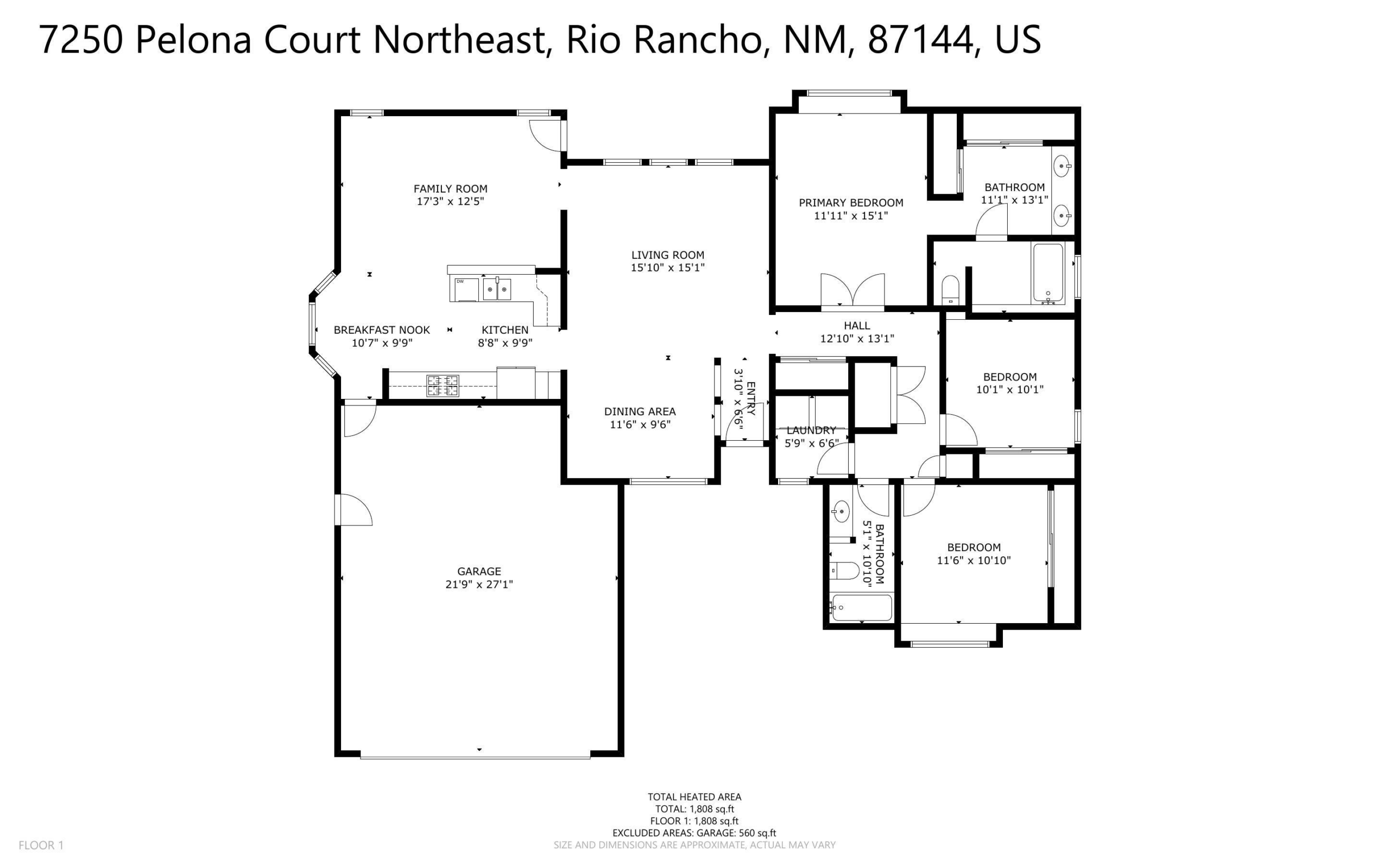 Approximate floor plan for 7250 Pelona Court NE showing three bedrooms, two bathrooms, two living areas, kitchen, breakfast nook, dining area, laundry, and garage