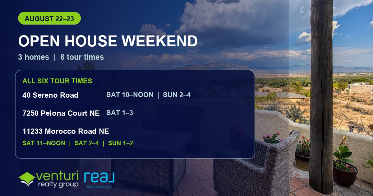 Open House Weekend schedule for August 22–23 showing six tour times, including Morocco Road Saturday 11 AM–noon and 2–4 PM