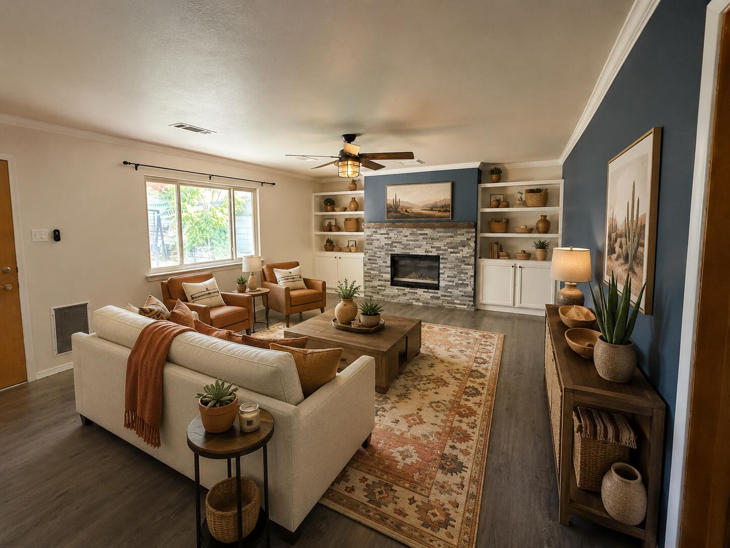 Living room with stacked-stone fireplace at 11233 Morocco Road NE.
