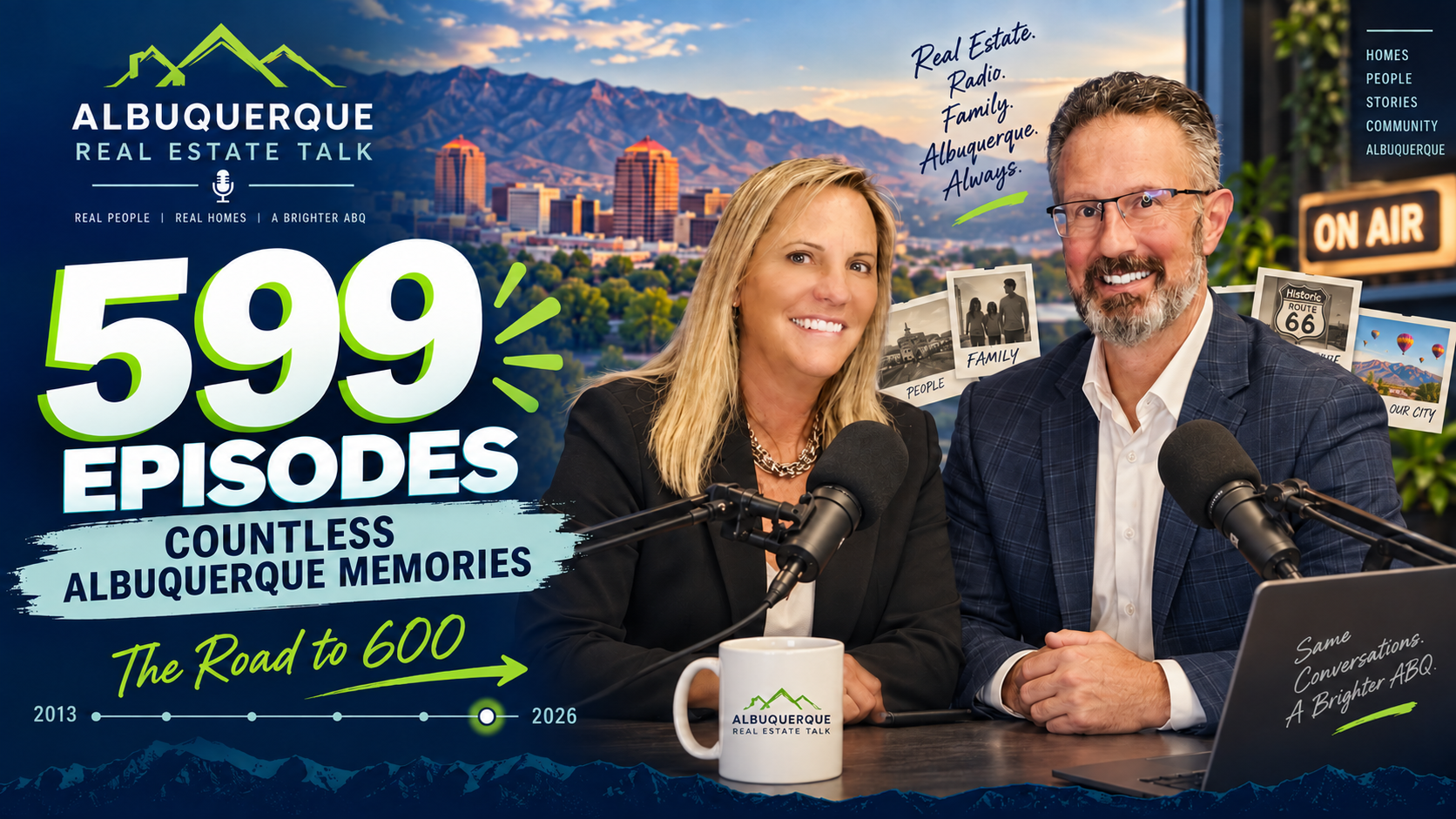Tracy and Tego Venturi celebrate 599 episodes of Albuquerque Real Estate Talk and the road to episode 600, with a 2013–2026 timeline.