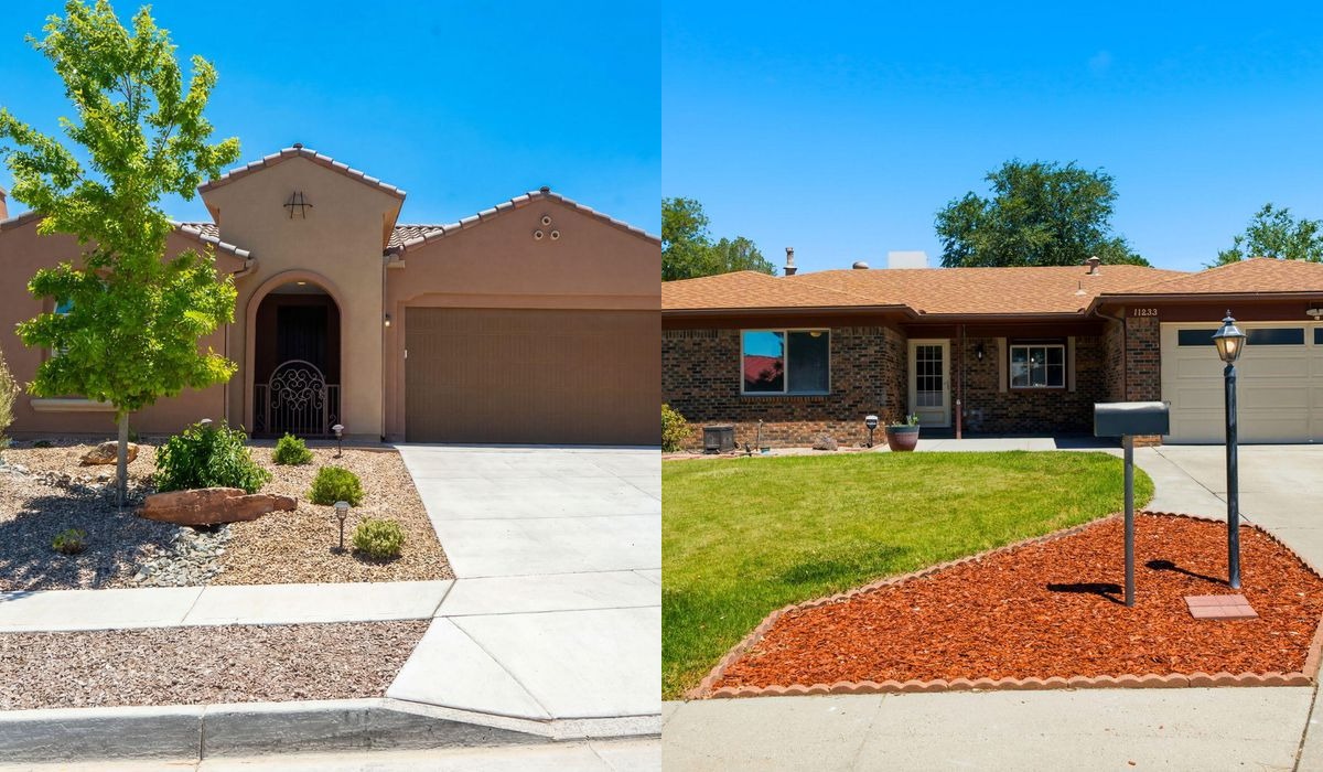 Split exterior view of 9228 Sugar Creek Lane NW and 11233 Morocco Road NE in Albuquerque.