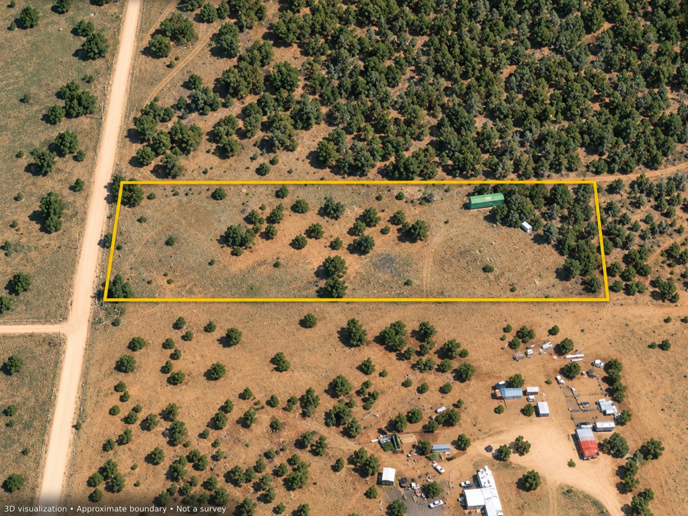 West-up aerial view outlining the Bosque View lots and surrounding rural terrain