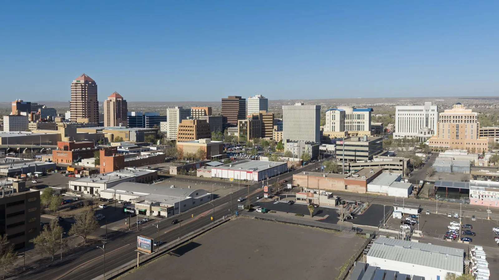 Downtown Albuquerque skyline seen from an elevated viewpoint.