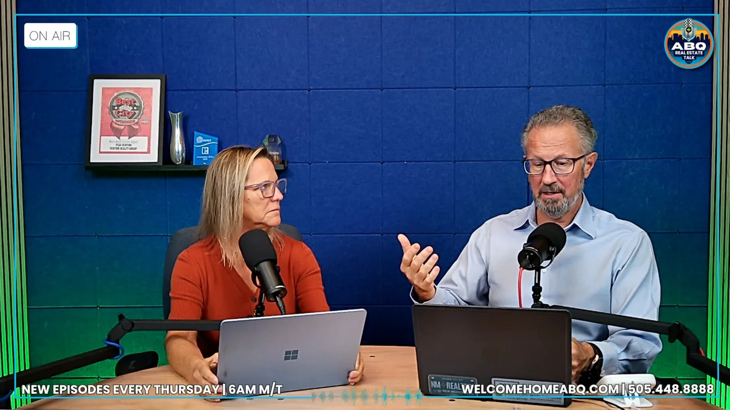 Tracy and Tego Venturi seated at microphones in the Albuquerque Real Estate Talk studio.