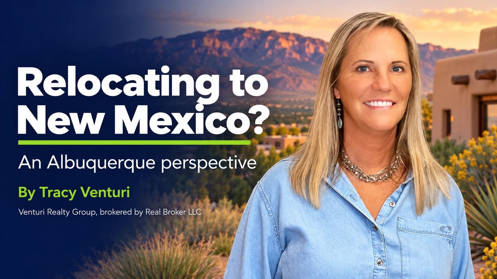 Relocating to New Mexico? An Albuquerque perspective, by Tracy Venturi. Portrait composite with a Southwestern landscape.