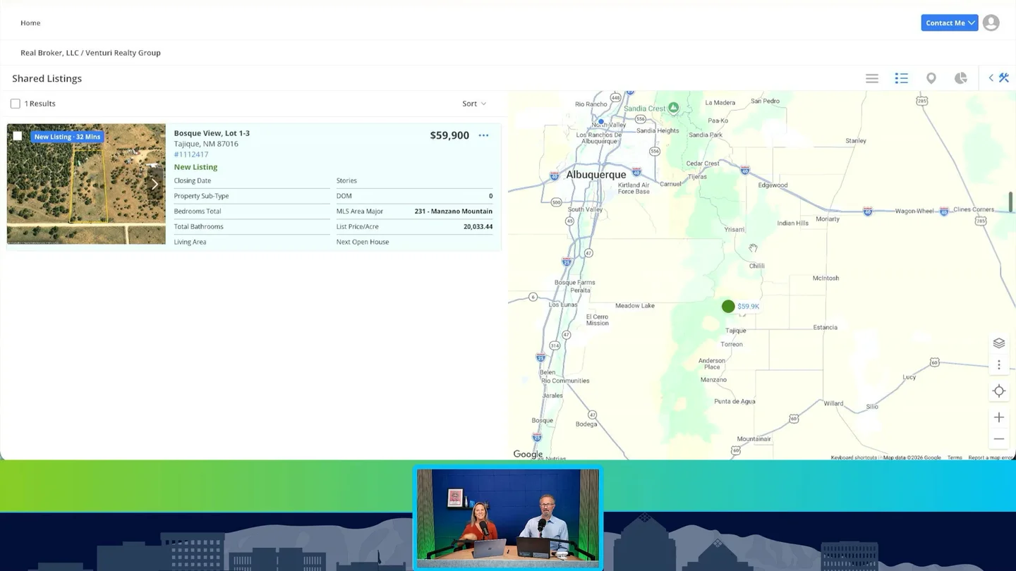 Episode screen showing the Tajique land listing beside a regional map, with Tracy and Tego in a studio inset.
